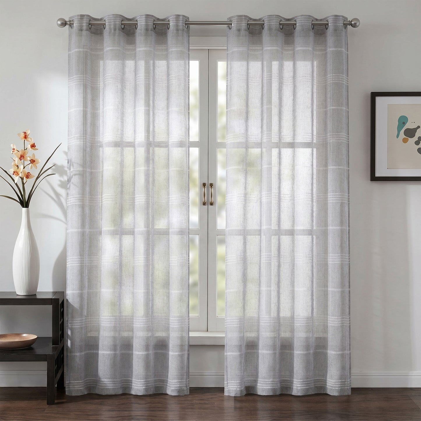 Chenille Stripe Textured Sheer Voile Curtains with Grommet Top 2 Panels