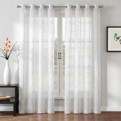 Chenille Stripe Textured Sheer Voile Curtains with Grommet Top 2 Panels