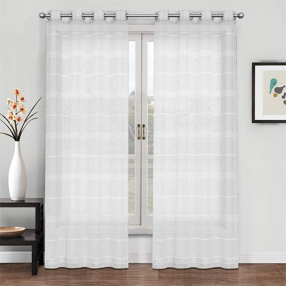 Chenille Stripe Textured Sheer Voile Curtains with Grommet Top 2 Panels