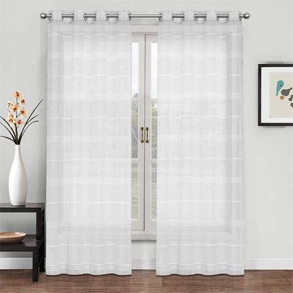 Chenille Stripe Textured Sheer Voile Curtains with Grommet Top 2 Panels