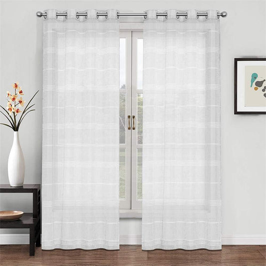 Chenille Stripe Textured Sheer Voile Curtains with Grommet Top 2 Panels