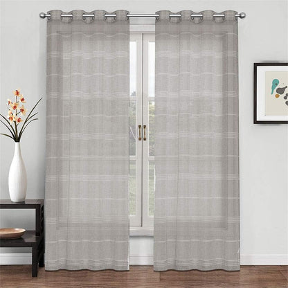 Chenille Stripe Textured Sheer Voile Curtains with Grommet Top 2 Panels