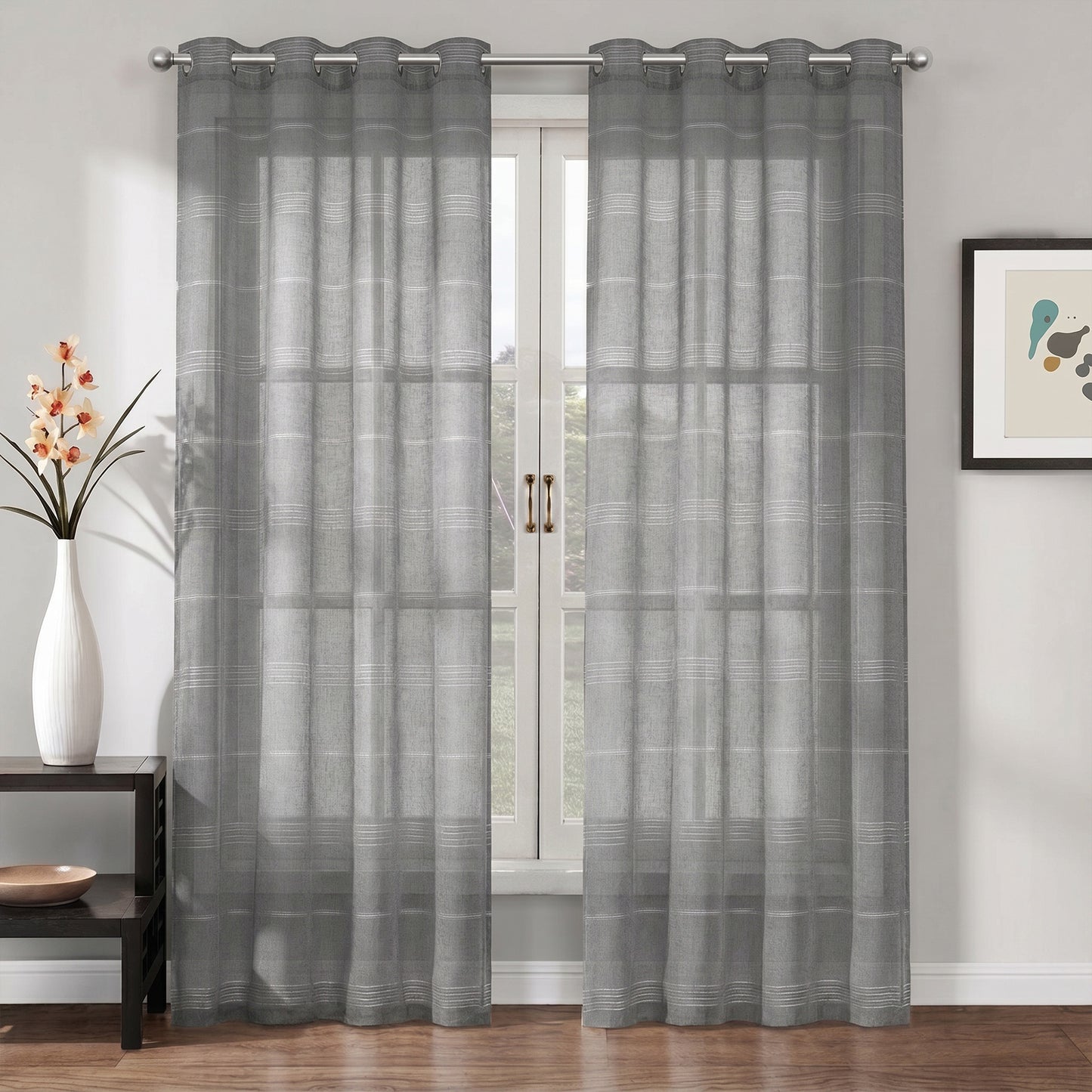 Chenille Stripe Textured Sheer Voile Curtains with Grommet Top 2 Panels
