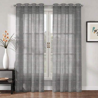 Chenille Stripe Textured Sheer Voile Curtains with Grommet Top 2 Panels