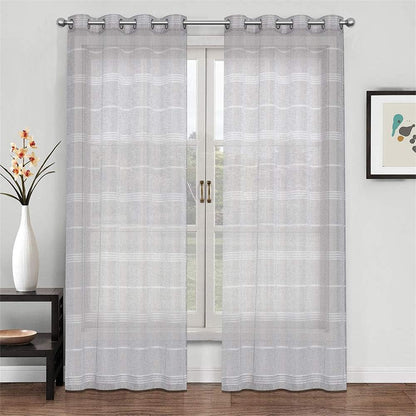 Chenille Stripe Textured Sheer Voile Curtains with Grommet Top 2 Panels