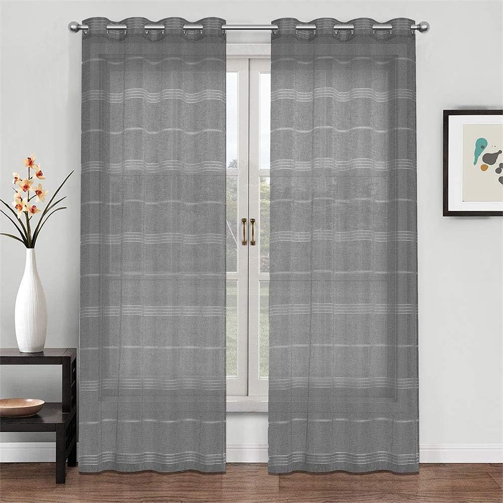 Chenille Stripe Textured Sheer Voile Curtains with Grommet Top 2 Panels