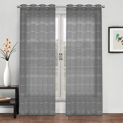 Chenille Stripe Textured Sheer Voile Curtains with Grommet Top 2 Panels