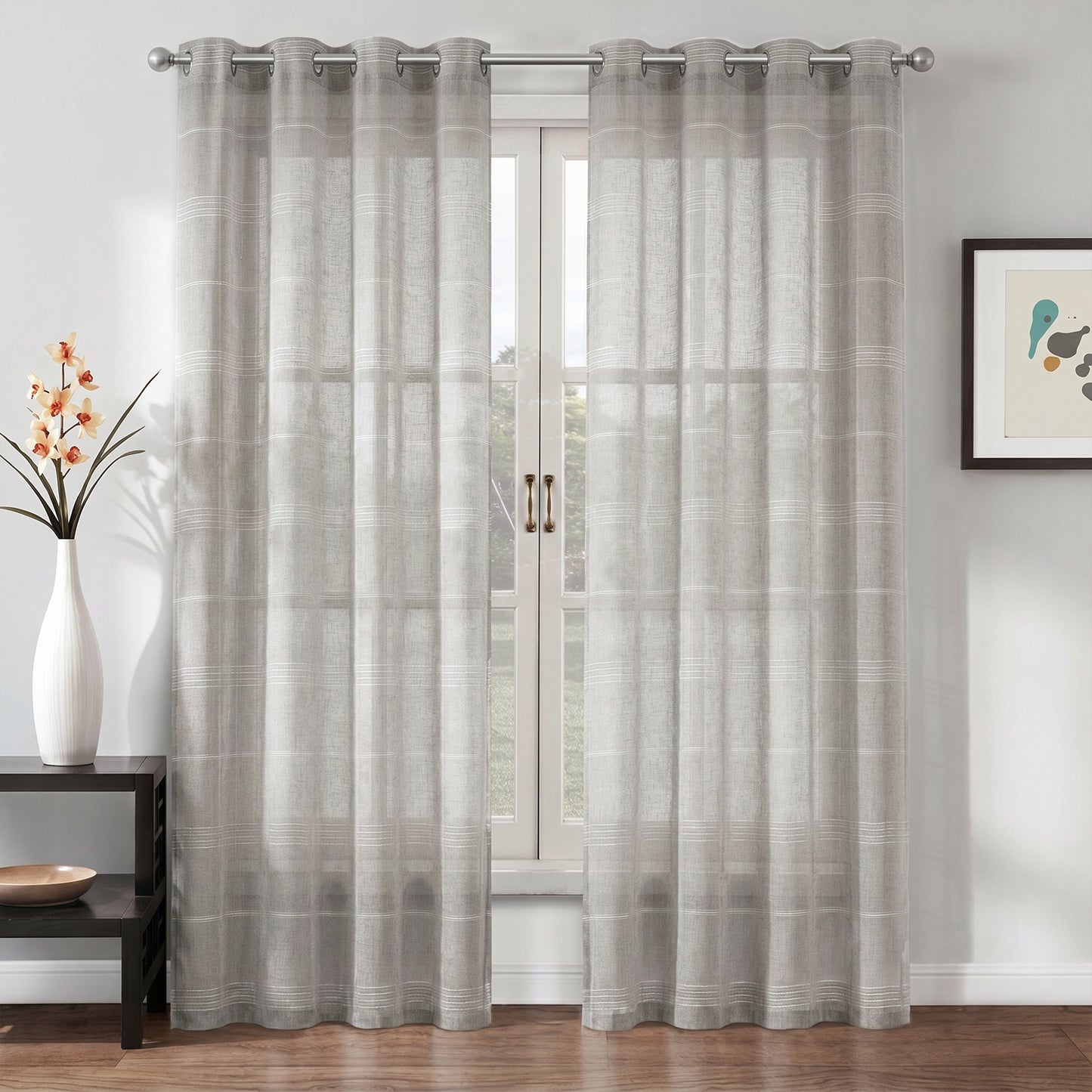 Chenille Stripe Textured Sheer Voile Curtains with Grommet Top 2 Panels