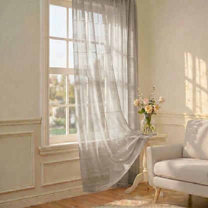 Chenille Stripe Textured Sheer Voile Curtains with Grommet Top 2 Panels