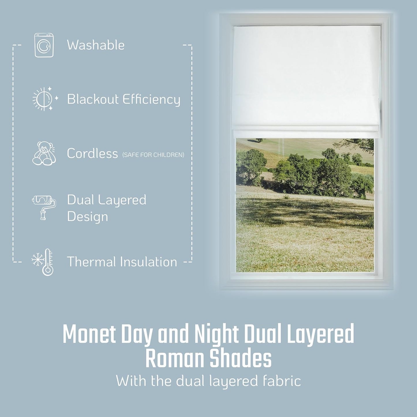 Roman Shades - Monet Dual Layered Blackout and Light Filtering with Woven Fabric