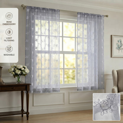 Drapes - Sheer Curtains (Floral Rose Embroidery) 2 Panels