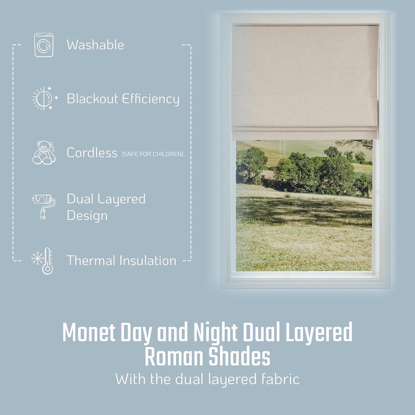 Roman Shades - Monet Dual Layered Blackout and Light Filtering with Woven Fabric