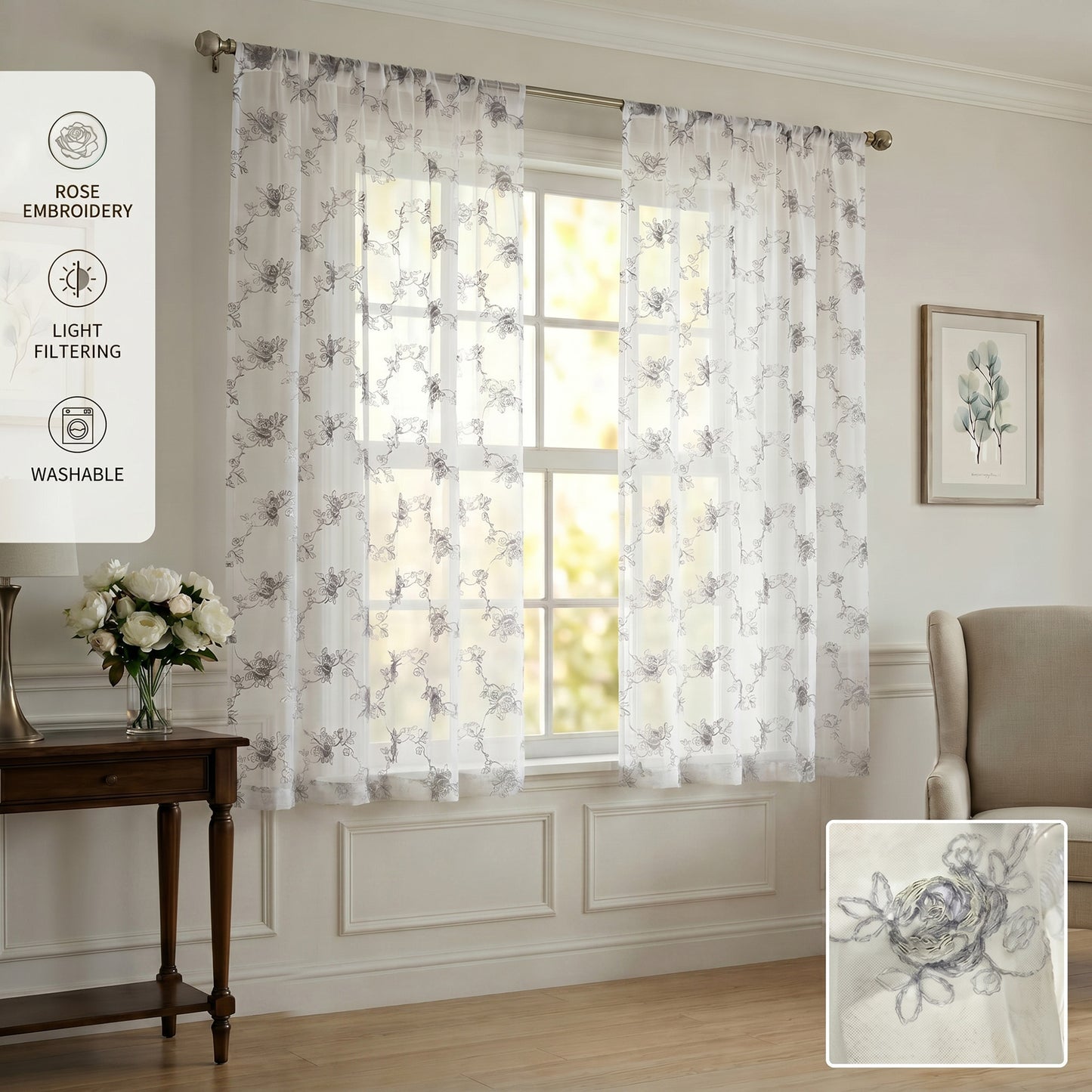 Drapes - Sheer Curtains (Floral Rose Embroidery) 2 Panels