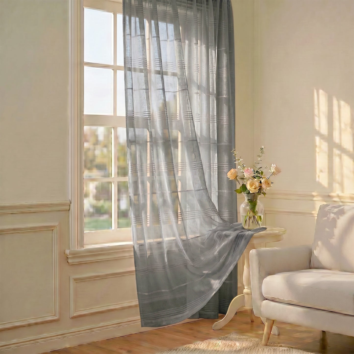 Chenille Stripe Textured Sheer Voile Curtains with Grommet Top 2 Panels