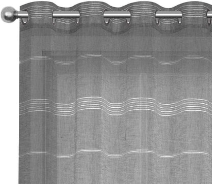Chenille Stripe Textured Sheer Voile Curtains with Grommet Top 2 Panels