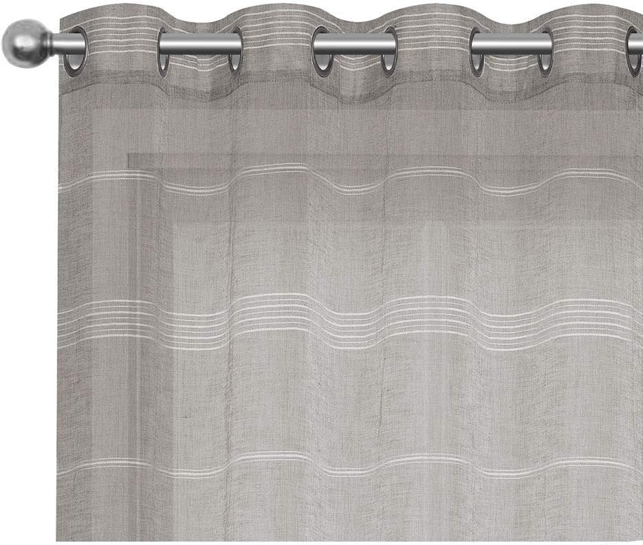 Chenille Stripe Textured Sheer Voile Curtains with Grommet Top 2 Panels