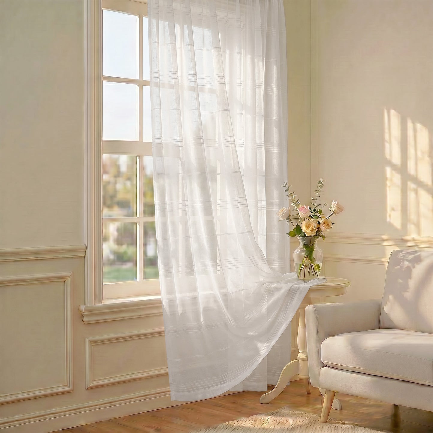 Chenille Stripe Textured Sheer Voile Curtains with Grommet Top 2 Panels