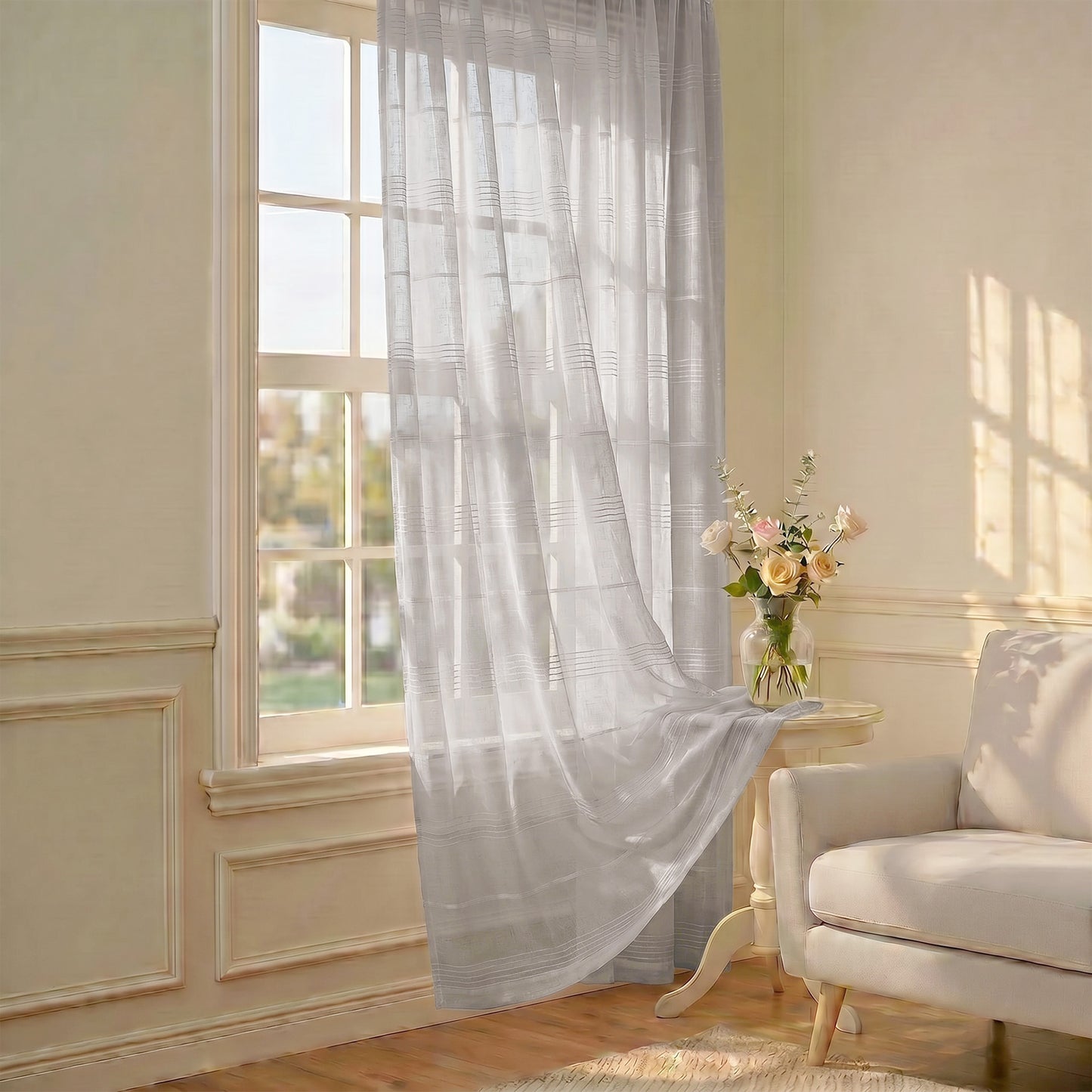 Chenille Stripe Textured Sheer Voile Curtains with Grommet Top 2 Panels