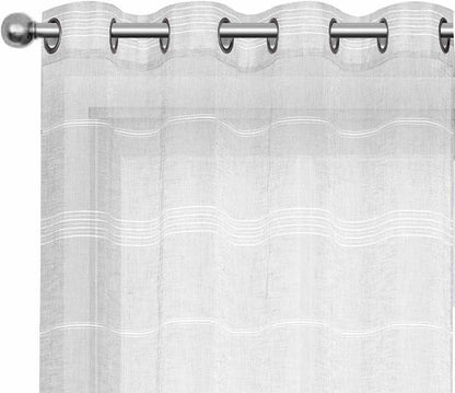 Chenille Stripe Textured Sheer Voile Curtains with Grommet Top 2 Panels