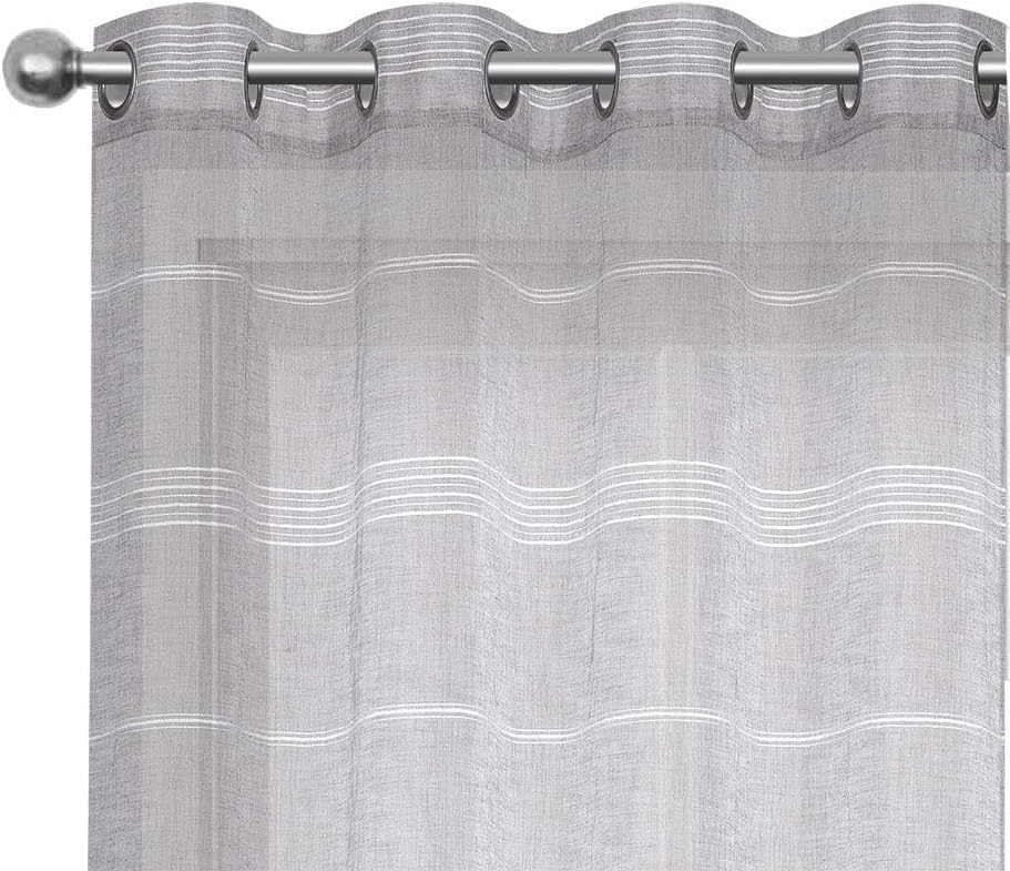 Chenille Stripe Textured Sheer Voile Curtains with Grommet Top 2 Panels