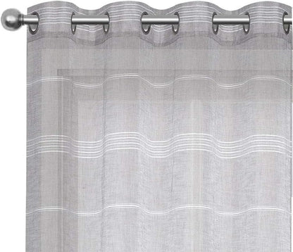 Chenille Stripe Textured Sheer Voile Curtains with Grommet Top 2 Panels