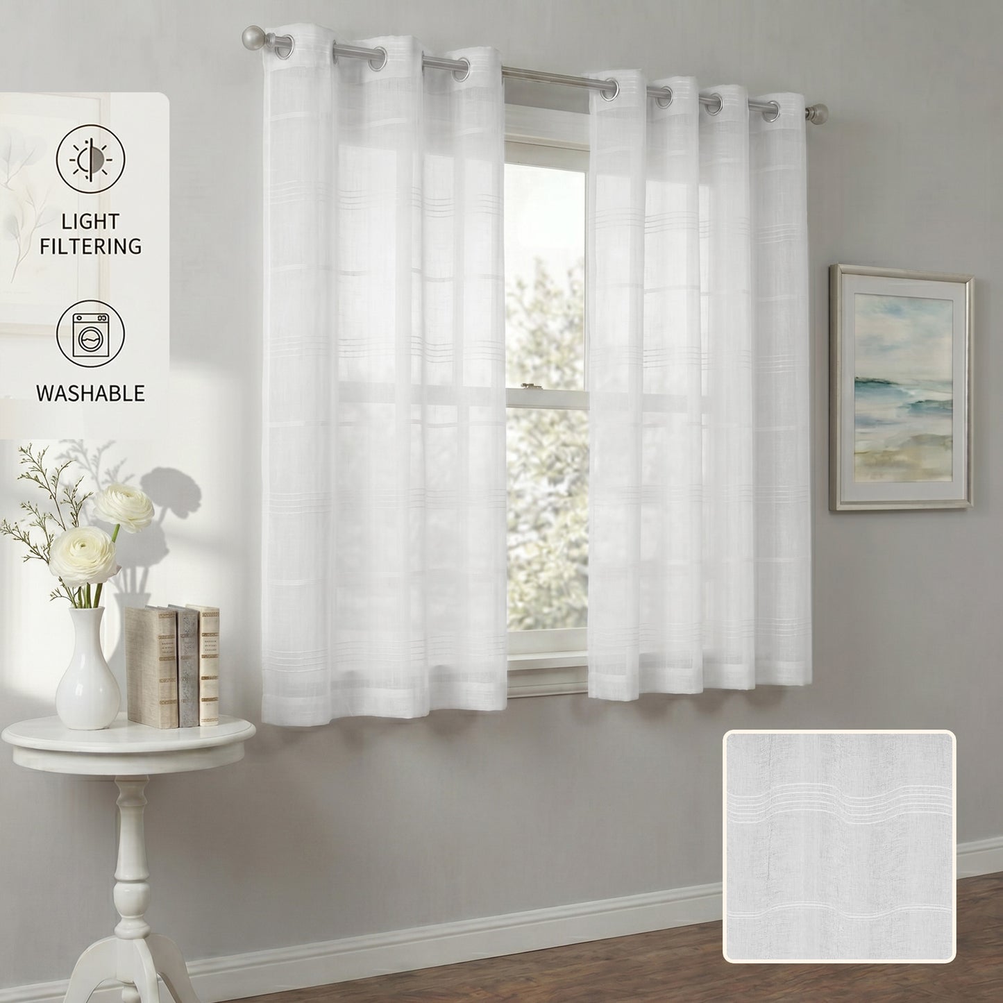 Chenille Stripe Textured Sheer Voile Curtains with Grommet Top 2 Panels