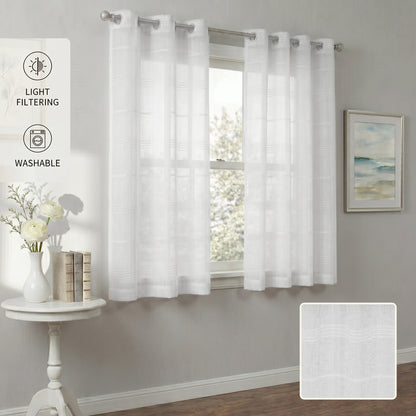 Chenille Stripe Textured Sheer Voile Curtains with Grommet Top 2 Panels