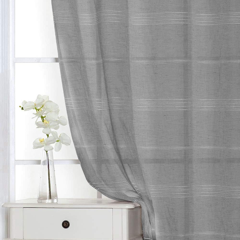 Chenille Stripe Textured Sheer Voile Curtains with Grommet Top 2 Panels