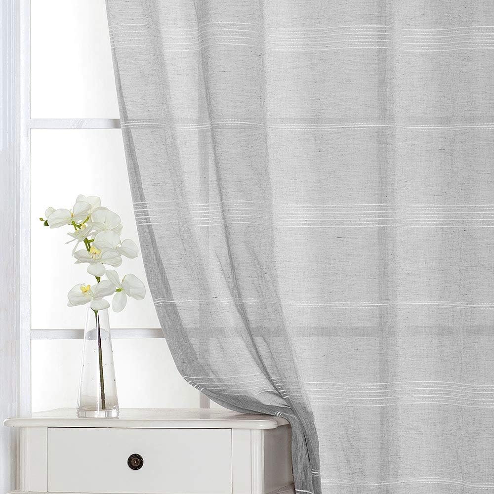 Chenille Stripe Textured Sheer Voile Curtains with Grommet Top 2 Panels
