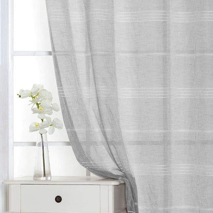 Chenille Stripe Textured Sheer Voile Curtains with Grommet Top 2 Panels