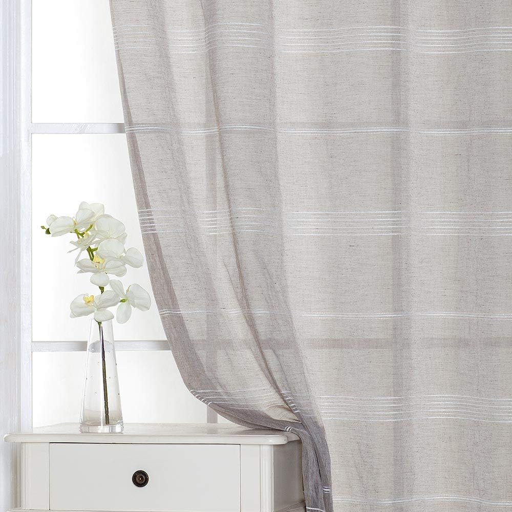 Chenille Stripe Textured Sheer Voile Curtains with Grommet Top 2 Panels