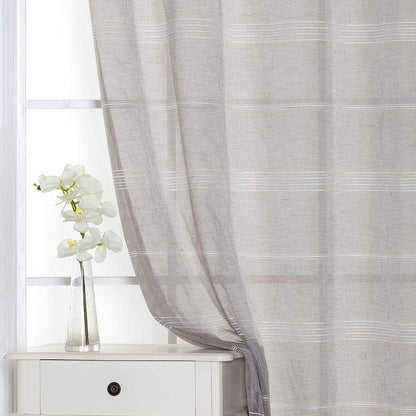 Chenille Stripe Textured Sheer Voile Curtains with Grommet Top 2 Panels