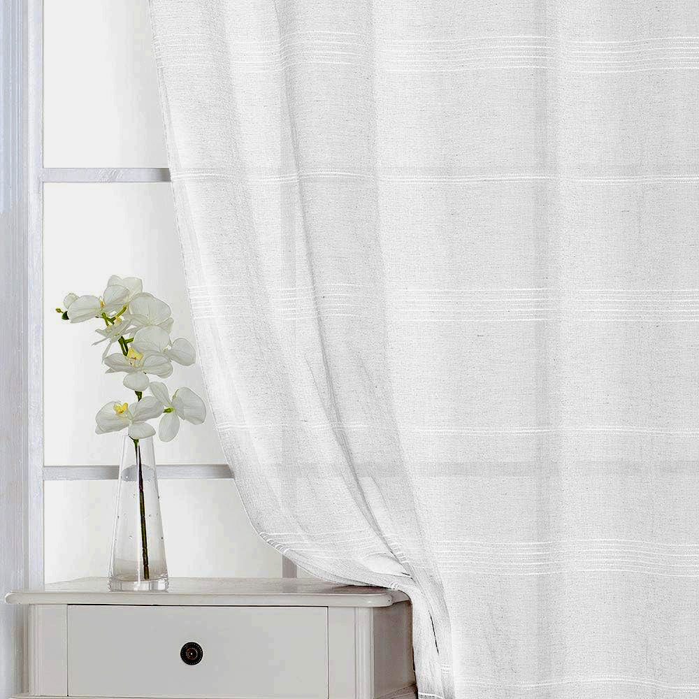 Chenille Stripe Textured Sheer Voile Curtains with Grommet Top 2 Panels