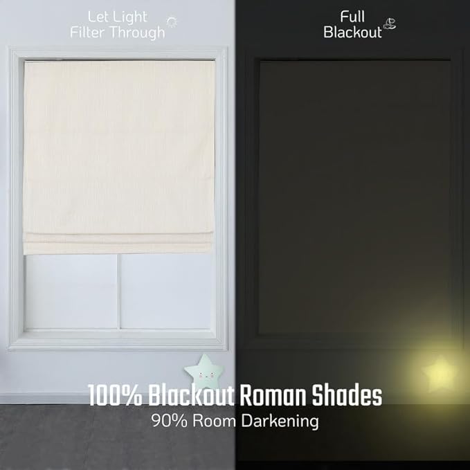 100% Blackout Cordless Roman Shades for Windows, Textured Woven Thermal Insulated Roman Blind, Pepper