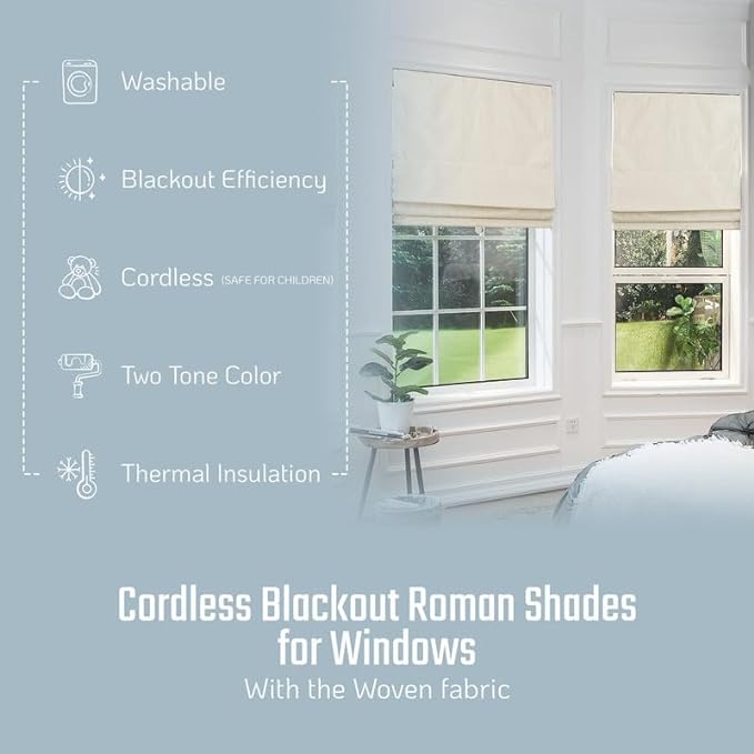 100% Blackout Cordless Roman Shades for Windows, Textured Woven Thermal Insulated Roman Blind, Pepper