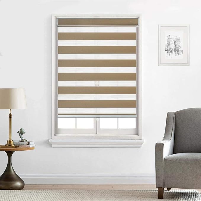 Everyday Celebration Cordless Light Filtering Zebra Roller Shades for Window, Free-Stop, Dual-Layer, Pull-Down Blind for Home, Bedroom, Living Room, Kitchen, Office, Sand