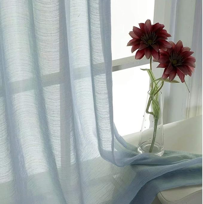 Everyday Celebration 45 Inches Semi Sheer Curtains Blue, Jacquard Curtains Sheer with Grommet - Linen Voile Drapes for Bedroom