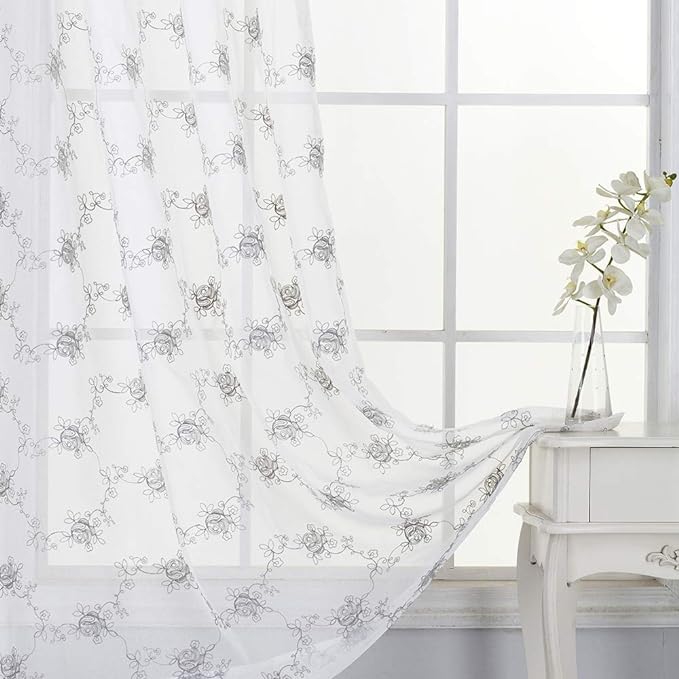 North Hills Floral Rose Embroidery Sheer Curtains for Living Room, Linen Textured Rod Pocket Semi Sheer Voile Drapes for Girls Bedroom