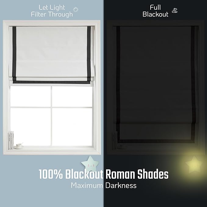 Greenwich Cordless 100% Blackout Fabric Roman Shades for Windows, Premium Pull-Down Blind for Home, Bedroom, Living Room, Kitchen, Office, with Ribbon Border, Black, 23x64 Inches