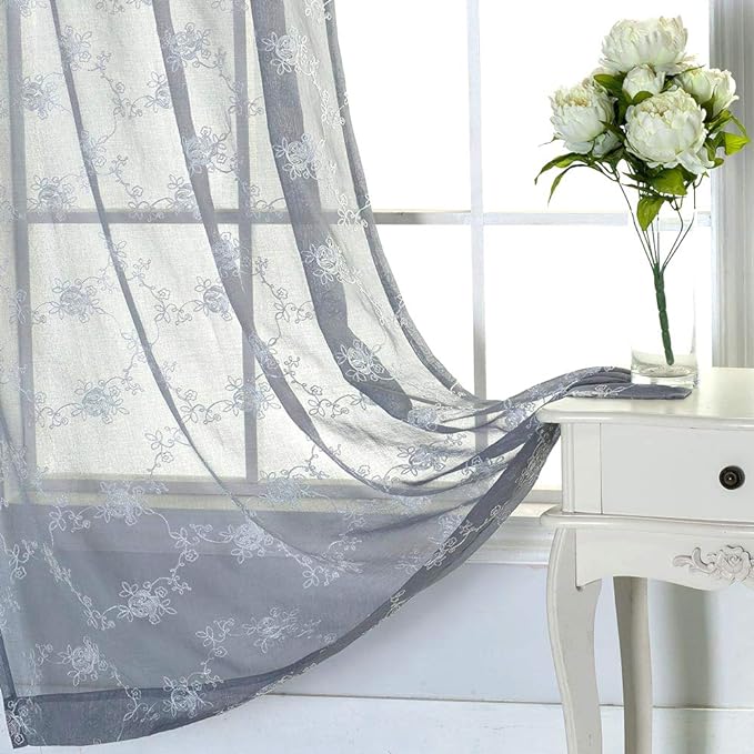 North Hills Floral Rose Embroidery Sheer Curtains for Living Room, Linen Textured Rod Pocket Semi Sheer Voile Drapes for Bedroom