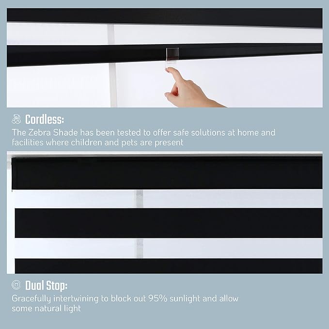 Everyday Celebration Cordless Blackout Zebra Roller Shades for Windows, Free-Stop, Dual-Layer, Pull-Down Blind for Home, Bedroom, Living Room, Kitchen, Office, Black, 22x72 inches