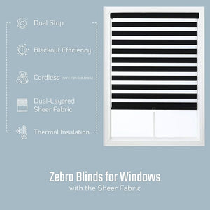 Everyday Celebration Cordless Blackout Zebra Roller Shades for Windows, Free-Stop, Dual-Layer, Pull-Down Blind for Home, Bedroom, Living Room, Kitchen, Office, Black, 22x72 inches