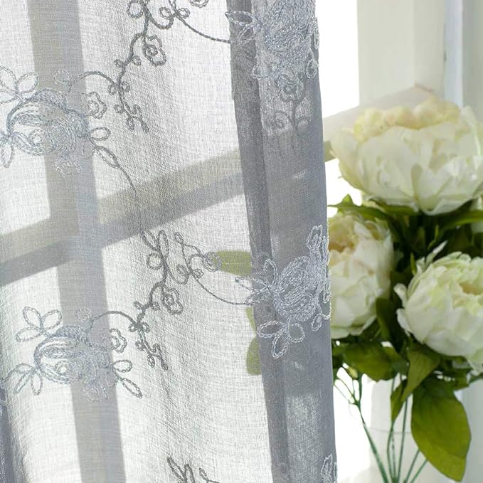 North Hills Floral Rose Embroidery Sheer Curtains for Living Room, Linen Textured Rod Pocket Semi Sheer Voile Drapes for Bedroom