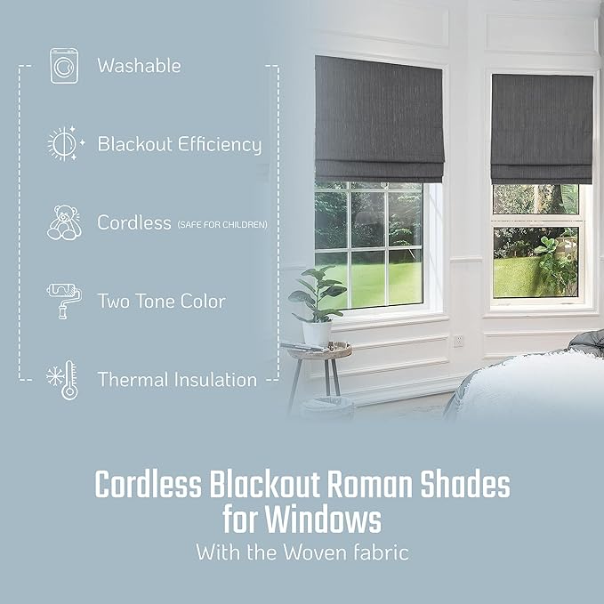 100% Blackout Cordless Roman Shades for Windows, Textured Woven Thermal Insulated Roman Blind, Pepper