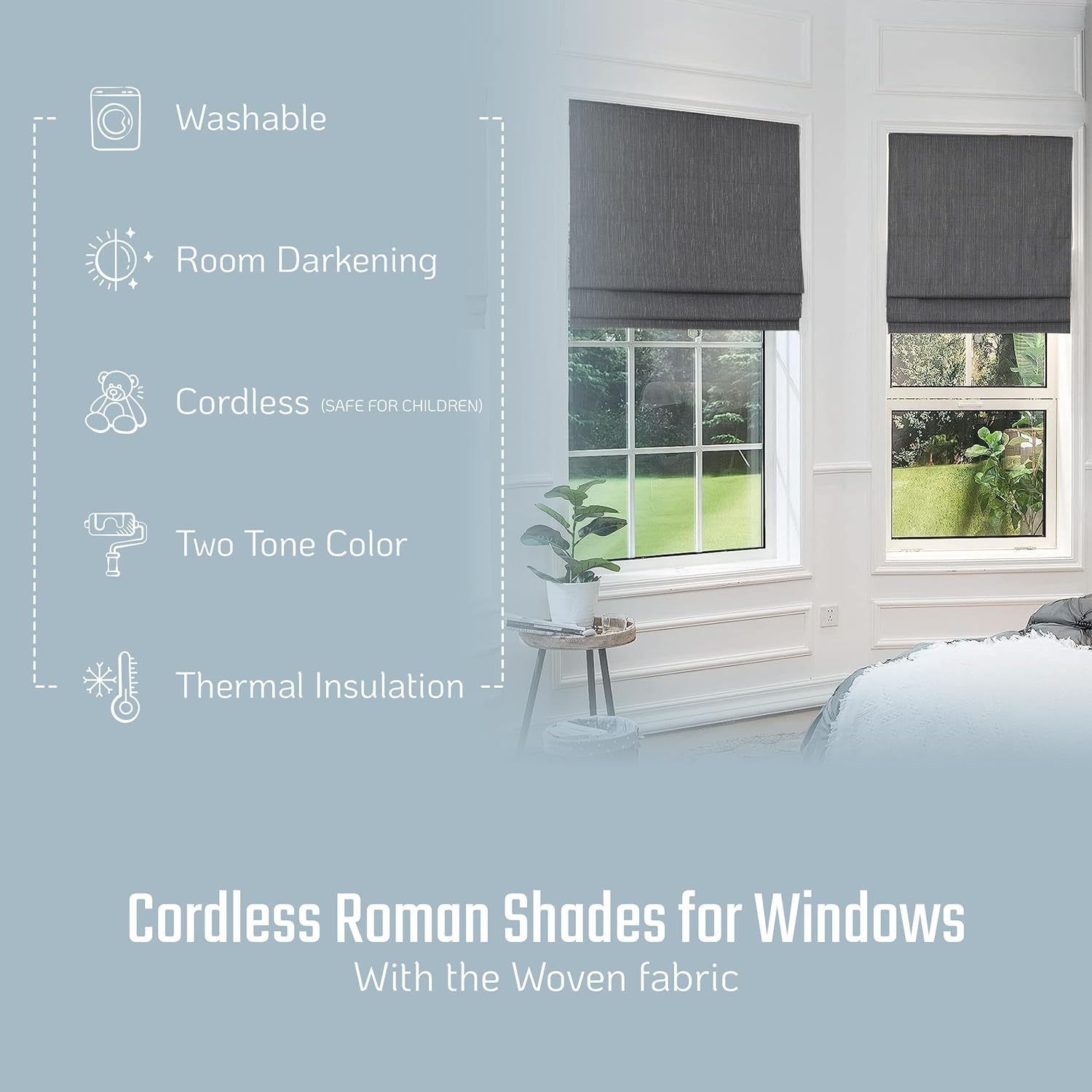 Pueblo Cordless Room Darkening Woven Fabric Roman Shades for Windows Pull-Down Blind for Home, Bedroom, Living Room, Kitchen, Office, Thermal Insulated, Pepper