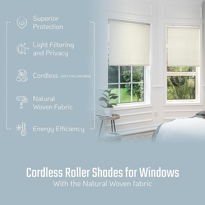 Natural Woven Cane Paper Cordless Roller Window Shade Pull-Down Blind for Home, Bedroom, Living Room, Kitchen, Office