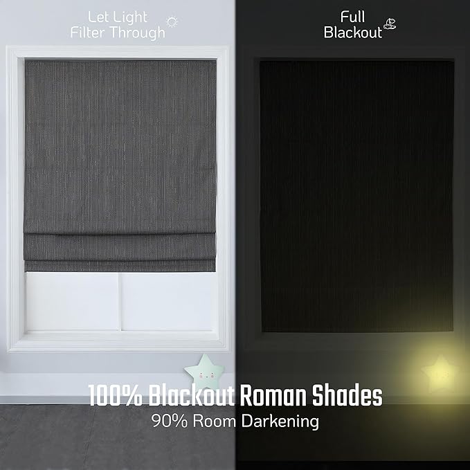 100% Blackout Cordless Roman Shades for Windows, Textured Woven Thermal Insulated Roman Blind, Pepper