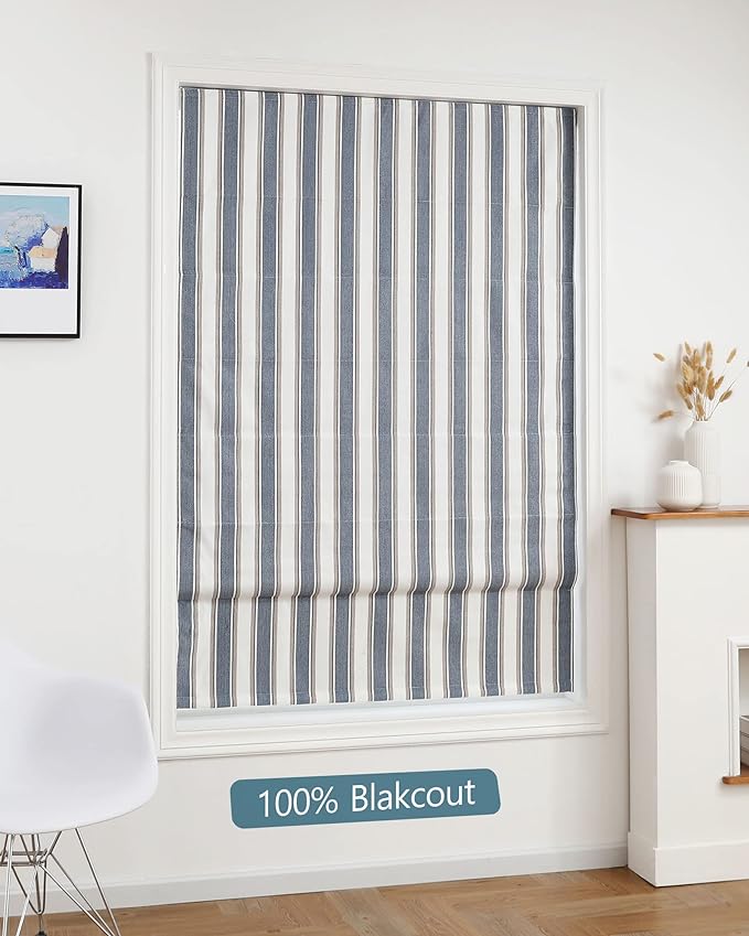 Brighton Cordless 100% Blackout Fabric Roman Shades for Windows, Pull-Down Blind for Home, Bedroom, Living Room, Kitchen, Office, Yarn-Dyed Vertical Stripe blue