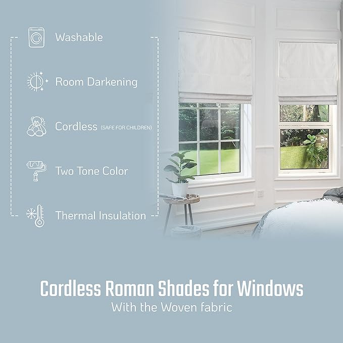 Pueblo Cordless Room Darkening Woven Fabric Roman Shades for Windows Pull-Down Blind for Home, Bedroom, Living Room, Kitchen, Office, Thermal Insulated, Pepper