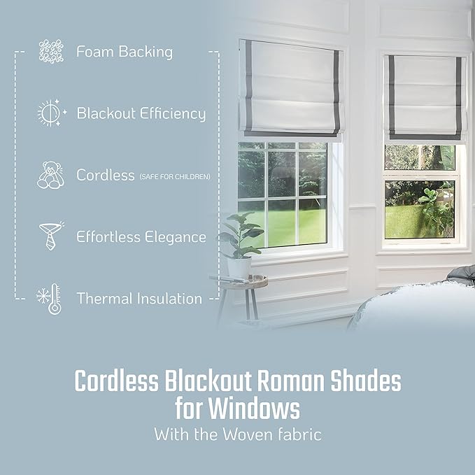 Greenwich Cordless 100% Blackout Fabric Roman Shades for Windows, Premium Pull-Down Blind for Home, Bedroom, Living Room, Kitchen, Office, with Ribbon Border, Black, 23x64 Inches